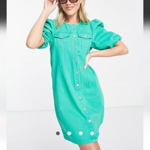 PIECES ASOS Puff Sleeve Bright Green Denim Mini Dress Size XL